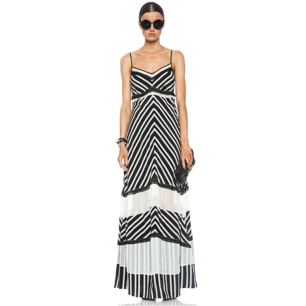 Jonathan Simkhai Chevron Stripe Silk Black and Cream Maxi Dress. Size 4